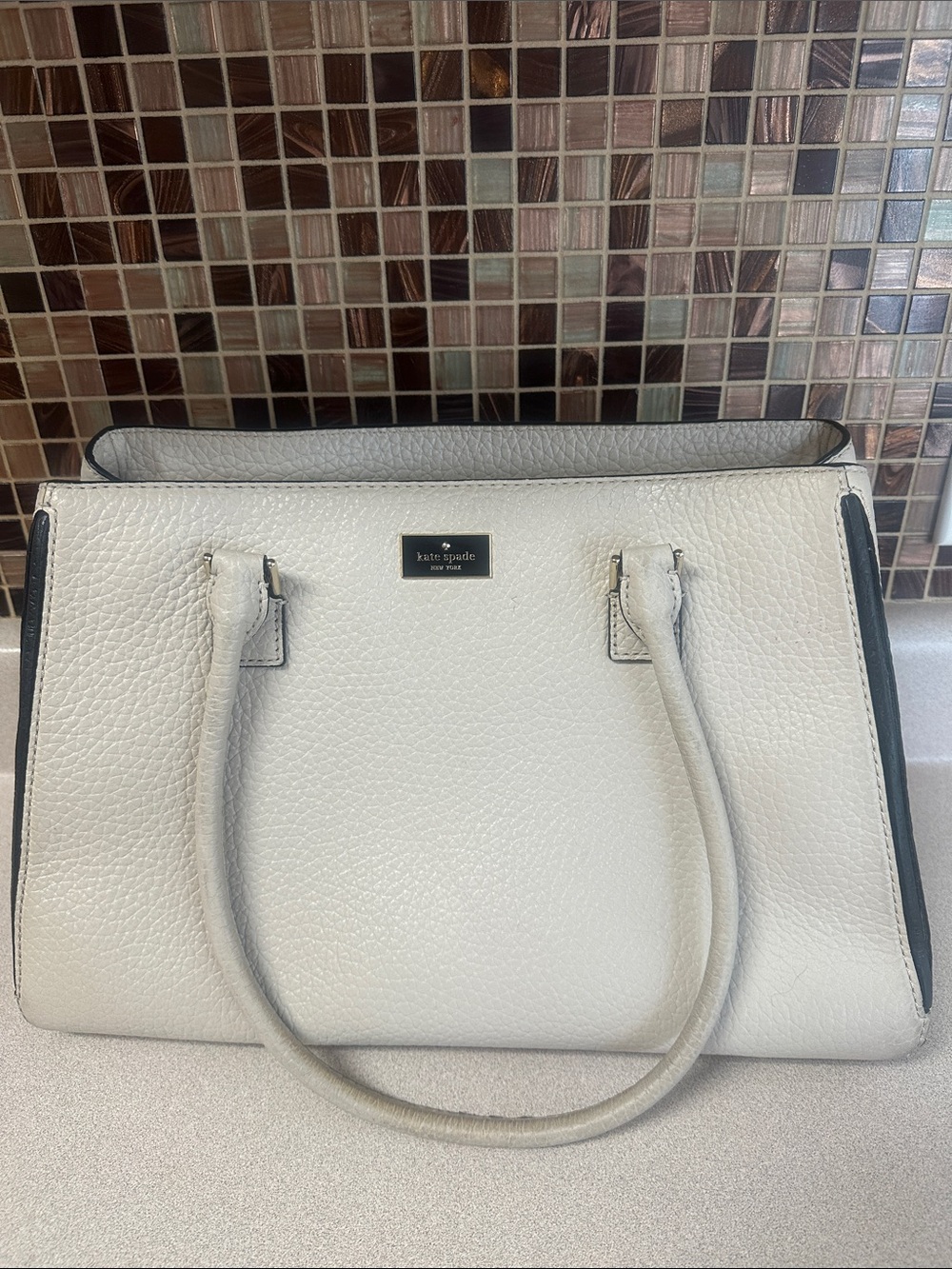 kate spade Cream Leather Tote with Black Trim